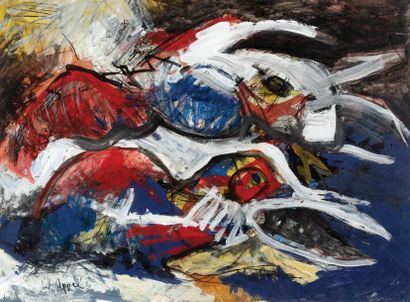 Karel Appel (1921-2006) Paaren den waterjuffers, 1953
Gouache sur papier.
Signée...