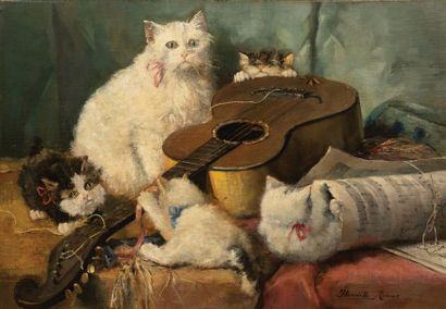 Henriette RONNER-KNIP (1821-1909) Chats à la guitare
Huile sur toile marouflée sur...