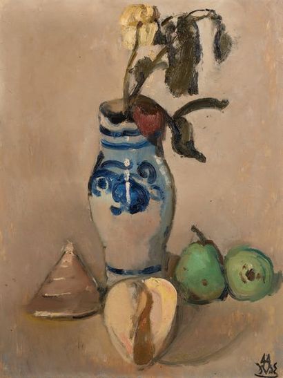 Jean Vanden Eeckhoudt (1875-1946) Pot de grès, deux fleurs, deux poires, deux coquillages,...