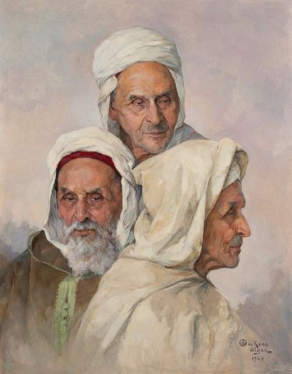 Emile DECKERS (1885-1968) Portrait de trois algériens, 1963
Huile sur toile.
Signée,...