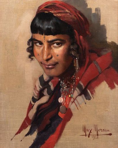 Max MOREAU (1902-1992) Portrait d'une marocaine au chale rouge, 1938
Huile sur toile.
Signée...