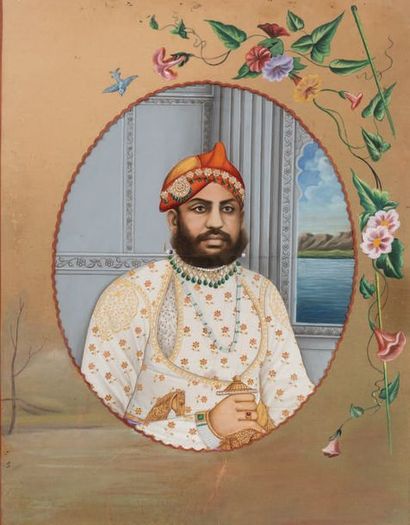 École INDIENNE du XIXe siècle Portrait de Maharadja tenant une dague
Huile sur papier...