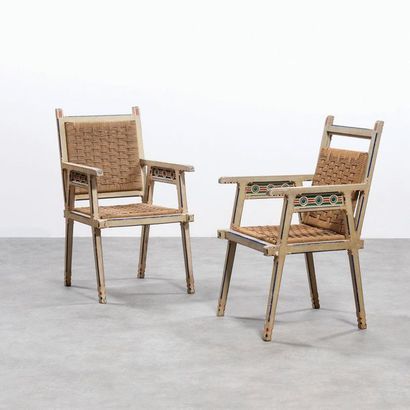 ERNESTO BASILE (1857-1932) Rare paire de fauteuils issue de la série «Carretto Siciliano»
Bois...