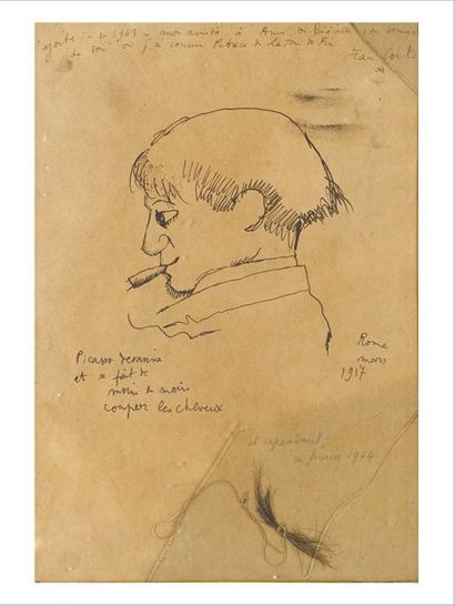 Jean COCTEAU (1889-1963) Portrait de Pablo Picasso, Rome, mars 1917
Dessin à l'encre...