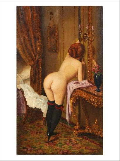 ECOLE FRANCAISE XIXe siècle Femme aux jaretelles
Huile sur toile.

Oil on canvas.
H_55...