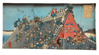 Utagawa Kuniyoshi (1798-1861) Ensemble comprenant environ treize triptyques et diptyques,...