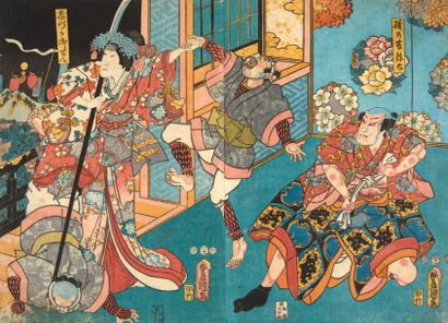 UTAGAWA TOYOKUNI III (1786-1865) Ensemble d'environ vingt triptyques, diptyques et...