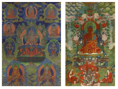 null DEUX TANGKA, détrempe sur toile, l'une représentant bouddha assis sur le lotus,...