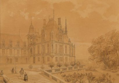 EUGÈNE VIOLLET LE DUC (1814 - 1879) Terrasse animée devant un château de style Renaissance
Crayon...