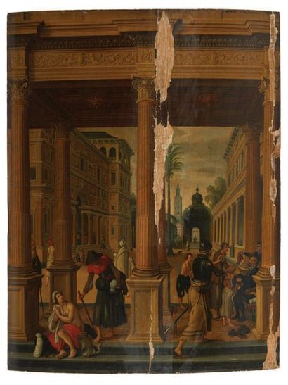 SÉBASTIAEN VRANCX (1573-1647) ET SON ATELIER Trois des sept Oeuvres de Miséricordes
Manques...