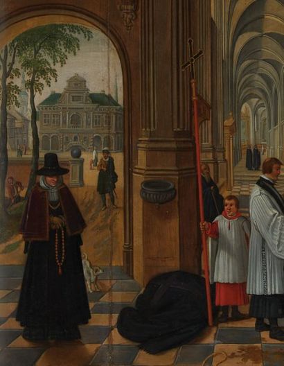 SÉBASTIAEN VRANCX (1573-1647) ET SON ATELIER Trois des sept Oeuvres de Miséricordes
Manques...