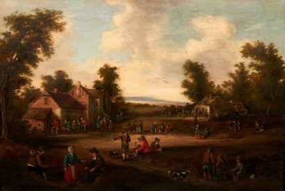 ATTRIBUÉ À CORNELIS DROOCHSLOTT (1630 - 1673) Paysans sur une place de village
Panneau...