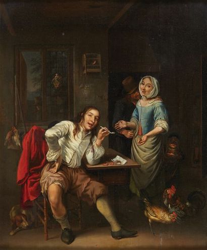 ATTRIBUÉ À NICOLAS VERKOLJE (1673-1746) Jeune chasseur à l'auberge
Huile sur panneau...