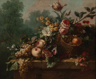 École FRANÇAISE du début du XIXe siècle Nature morte de fruits et de fleurs sur un...