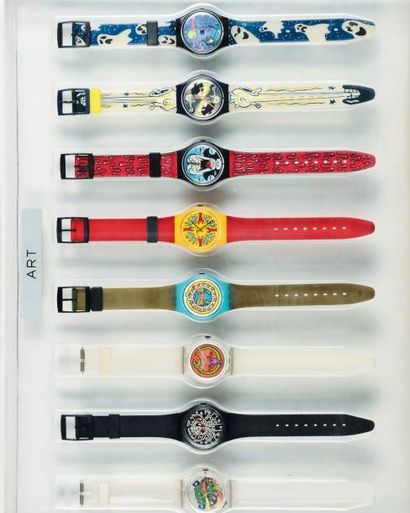null Ensemble de montres SWATCH Contenant huit montres sous Plexiglas. Renzo Piano,...