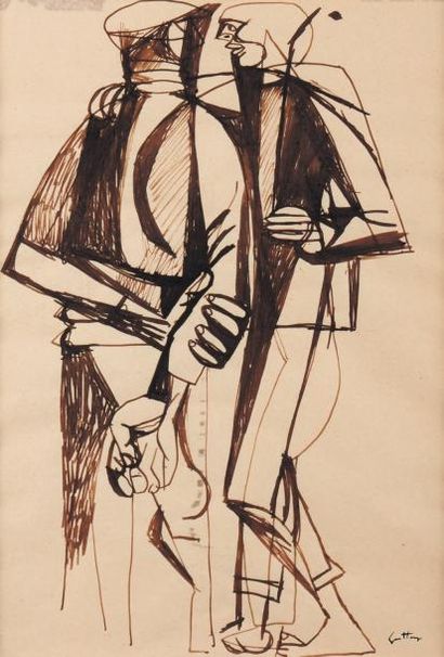 RENATO GUTTUSO (1912-1987) Deux figures, 1947 Encre de chine sur papier. Signée en...