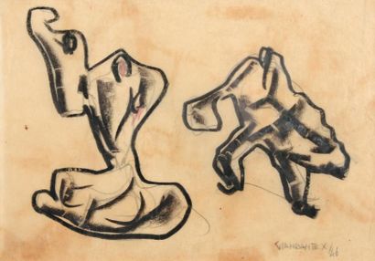 GIANDANTE X (1900-1984) Deux personnages, 1946 Fusain et mine de plomb sur papier...