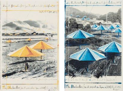 CHRISTO (1935-2009) The umbrellas Ensemble de deux cartes postales. H_14,5 cm L_9,5...