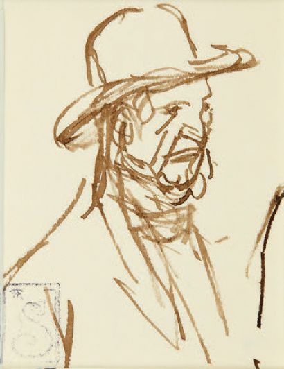 THÉOPHILE-ALEXANDRE STEINLEN Profil d'homme au chapeau
Dessin à l'encre brune, porte...