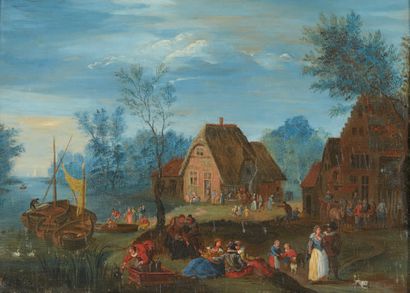 Ecole Flamande du XVIIIe siècle Scène de village animé Huile sur cuivre H_18,5 cm...