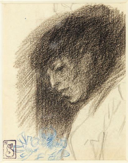 THÉOPHILE-ALEXANDRE STEINLEN Portrait de femme
Dessin au fusain et crayon bleu, porte...