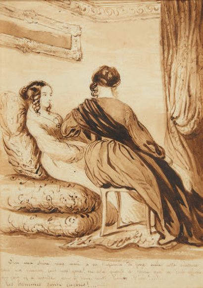 Paul GAVARNI (1804-1866) Deux femmes dans un salon, les hommes sont lâches
Encre...
