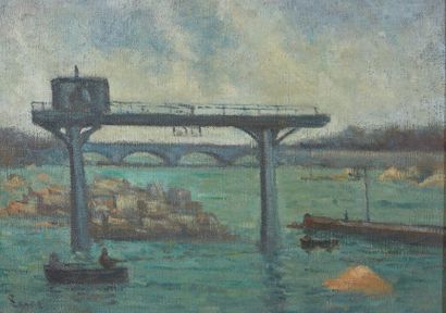 Maximilien Luce (1858-1941) Construction d'un pont sur la Seine, vers 1935
Huile...