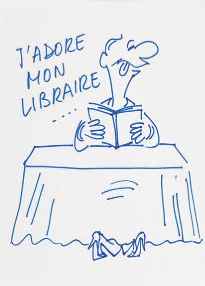 WOLINSKI (1934-2015) J'adore mon libraire Feutre bleu sur papier H_30 cm L_21 cm