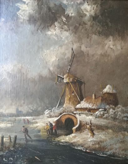 DANS LE GOÛT DE JOHAN BARTHOLD JONGKIND (1819-1891) Moulin et patineurs
Huile sur...