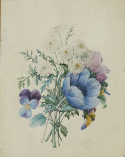 École Française du XIXe siècle Bouquet de fleurs Aquarelle, porte une signature en...
