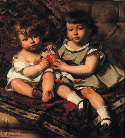 EDOUARD AGNEESSENS (1842-1885) Les enfants Janssens ou les enfants au polichinelle,...