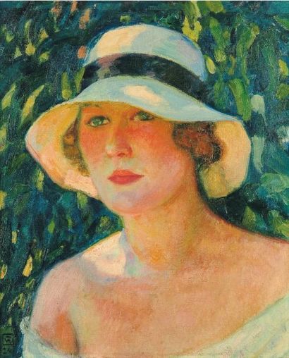 THÉO VAN RYSSELBERGHE (1862-1926) Femme au chapeau, 1924 Huile sur toile. Monogrammée...