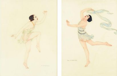 JOS DAMIEN (1879-1973) Danseuses (Paire) Aquarelle et broderies sur toile fine. Signée...