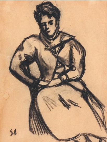 THÉOPHILE ALEXANDRE STEINLEN (1859-1923) Femme assise Fusain sur papier. Signé en...