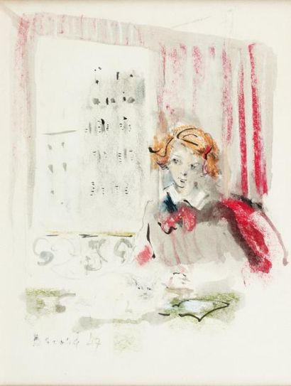 CHRISTIAN BÉRARD (1902-1949) Jeune fille lisant, 1947 Pastel et aquarelle sur papier....
