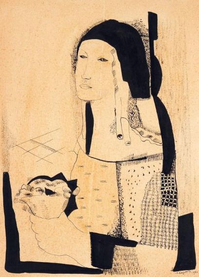 MARIA LAGORIO (1893-1979) Femme au bouquet, 1930 Encre de Chine sur papier. Signée...