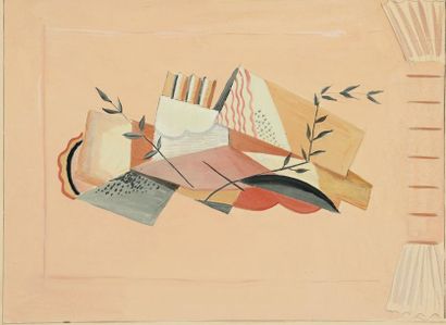 MARIA LAGORIO (1893-1979) Nature morte au rideau Gouache sur papier. H_23,5 cm L_31,5...