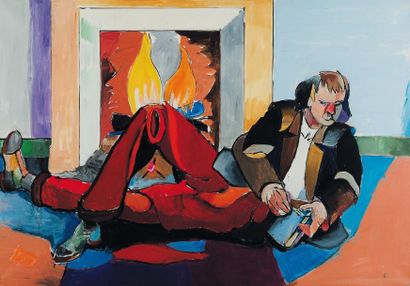 JEAN HELION (1904-1987) Gisant au feu, 1982 Huile sur toile. Signée, titrée et datée...