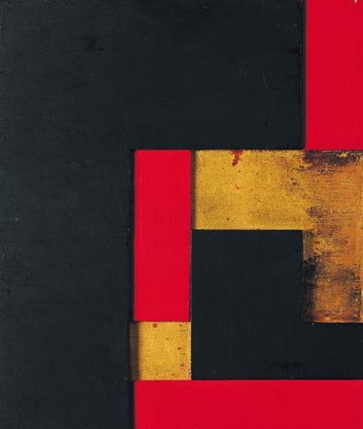 ERICH BUCHHOLZ (1891-1972) Relief noir, rouge et or, 1922-1965 Bois peint. Signé,...