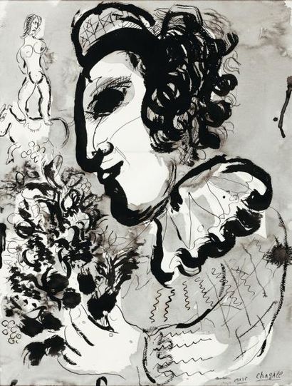 MARC CHAGALL (1887-1985) Clown au bouquet de fleurs, circa 1975 Encre et lavis d'encre...