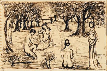 PAUL DELVAUX (1897-1994) Scène antique, 1961 Encre sur papier de carnet de croquis....