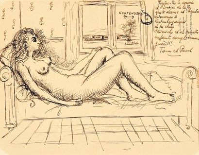 PAUL DELVAUX (1897-1994) Femme nue couchée Encre sur papier à lettre. Signée en haut...