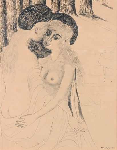 PAUL DELVAUX (1897-1994) Le baiser, 1961 Encre sur papier. Signée et datée en bas...