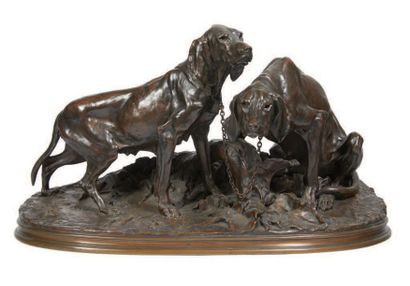 Pierre-Jules Mene (1810-1879) Groupe de chiens au repos
Bronze à patine brune.
Signé...