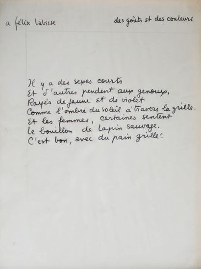 BORIS VIAN (1920-1959) Poème autographe, Des goûts et des couleurs; demi-page in-4...