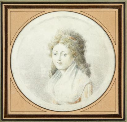 École FRANÇAISE de la fin du XVIIIe siècle Portrait de femme
Pierre noire, aquarelle.
D_10,5...