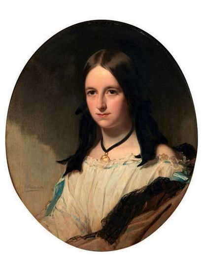 Ecole ALLEMANDE vers 1850 Portrait de jeune fille Toile, dans un cadre ovale.
Porte...