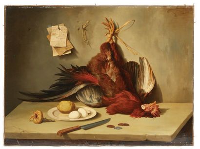 ANDREA CHERUBINI (1833-1905) Nature morte au coq et trompe l'oeil, 1864
Huile sur...