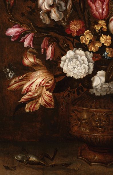 ABRAHAM BOSSCHAERT (1612/13-1643) Bouquet de fleurs dans un vase posé sur un entablement
Huile...