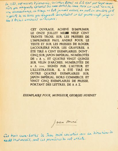 Georges HUGNET. Enfances. Orné de trois eaux-fortes de Joan Miró. Paris, Éditions...